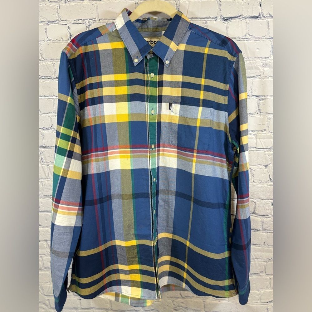 Barbour Blue Yellow Highland II Tailored Fit Business Casual Button Down Shirt M